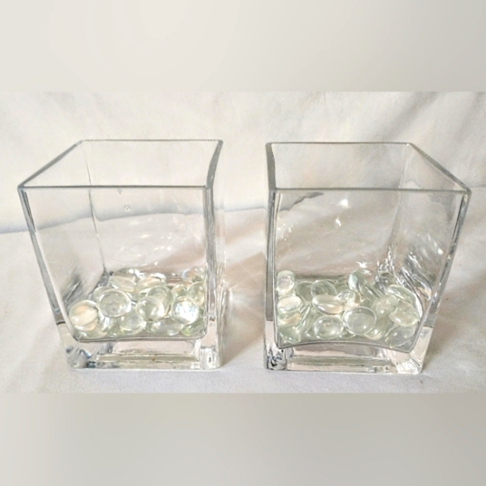 Pair of Heavy Blown Glass Square Vases - Weighted Bottoms